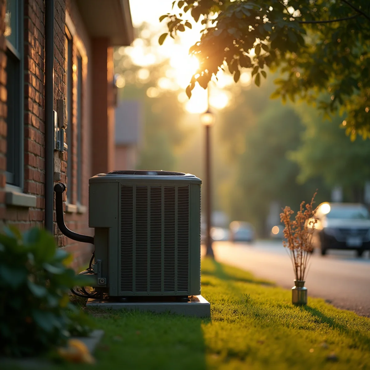 Hazy summer evening on a tree-lined borough street with an air conditioner running beside a house