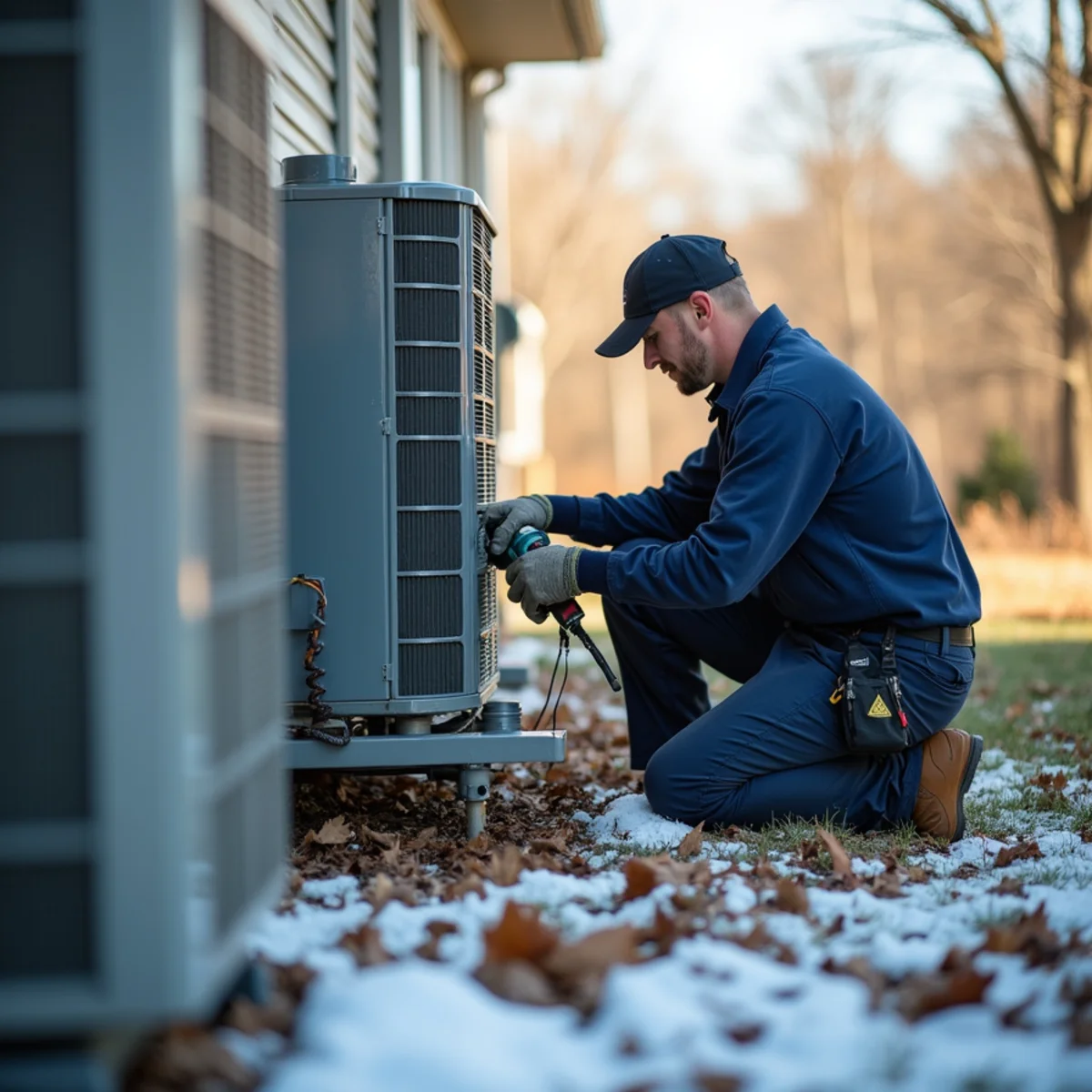 An outdoor heat pump unit on a raised pad near a frozen low-lying yard along Licking Run in Quakertown