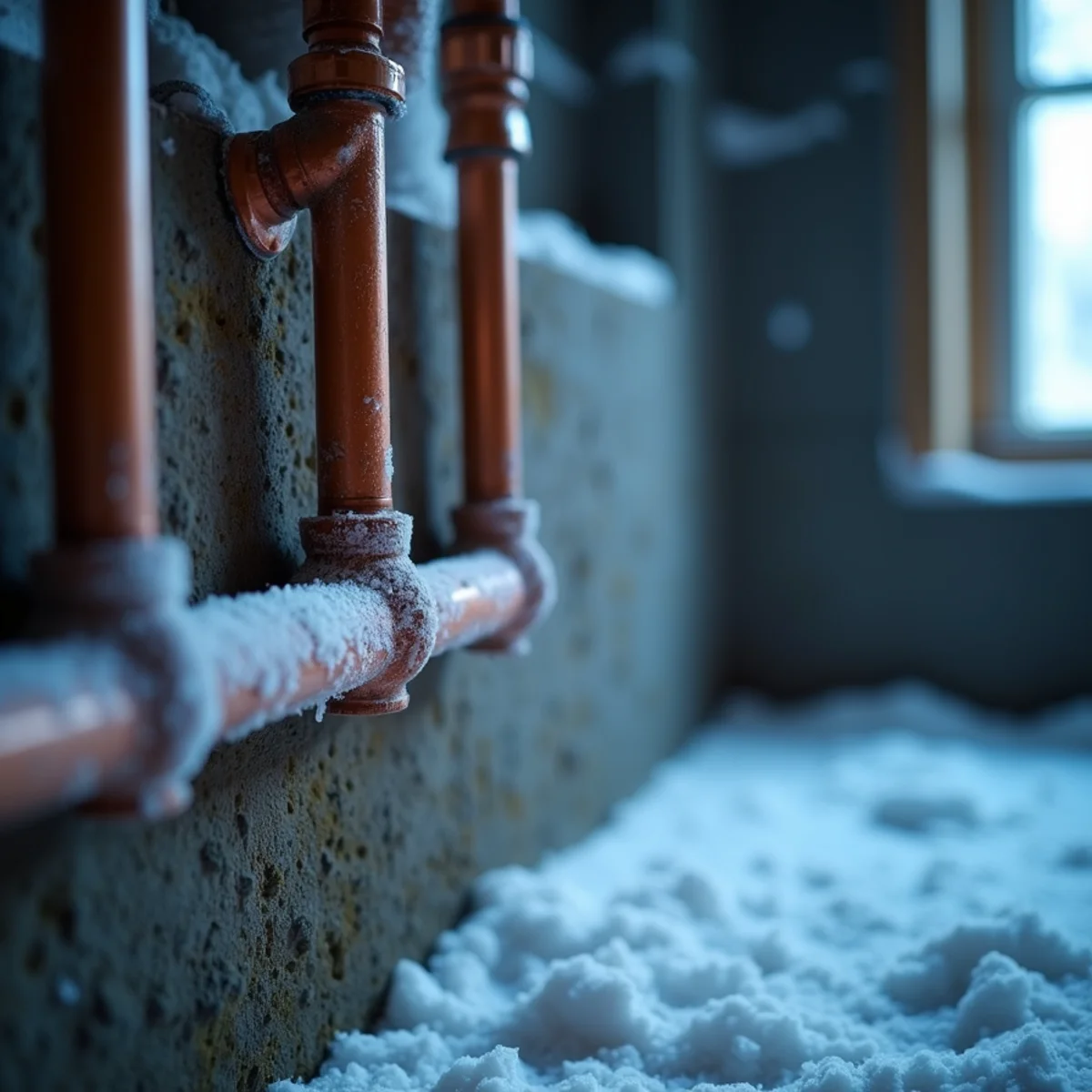 Frost-covered pipes along a basement wall