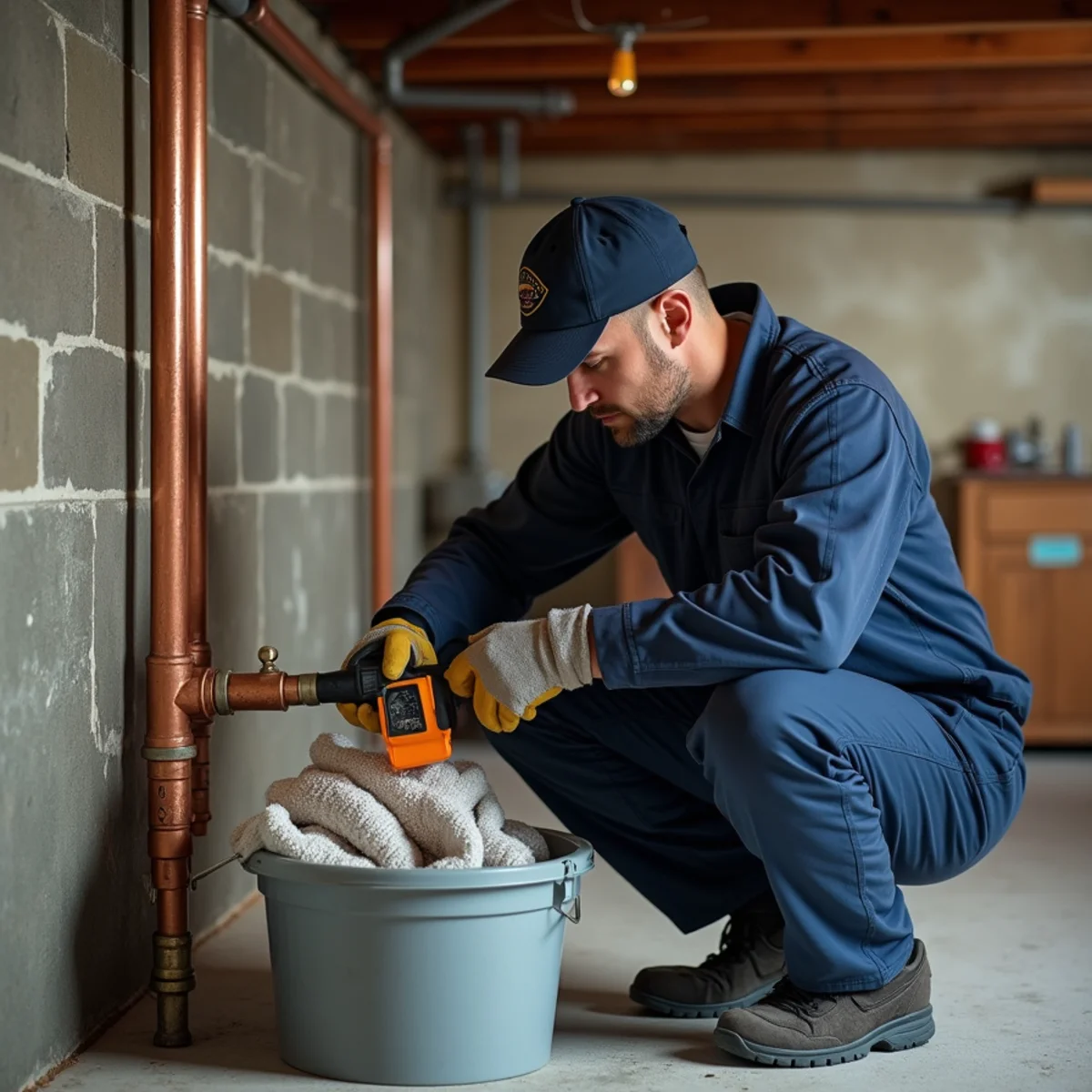 Technician thawing a frozen pipe with safe equipment