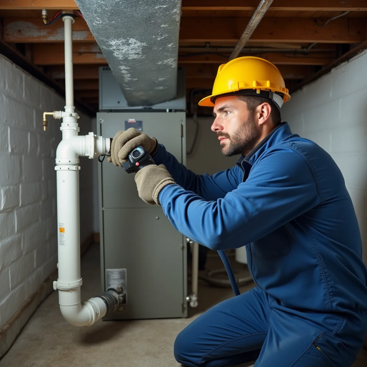 Technician inspecting pipes near HVAC equipment during a winter freeze in Quakertown, PA