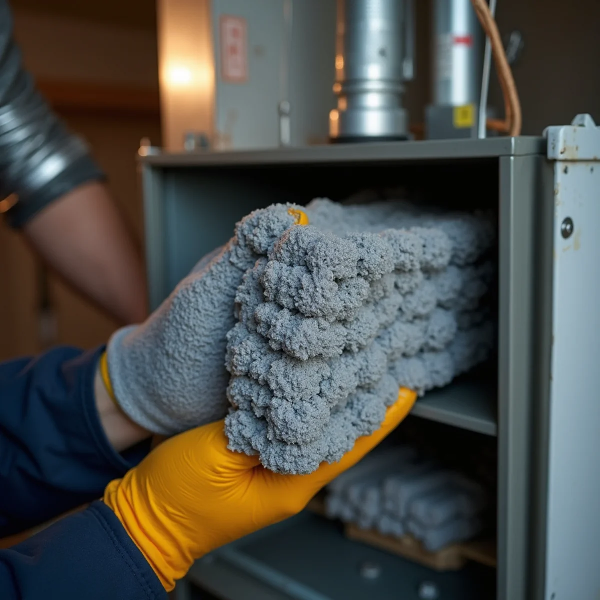 A clogged furnace filter held up to the light