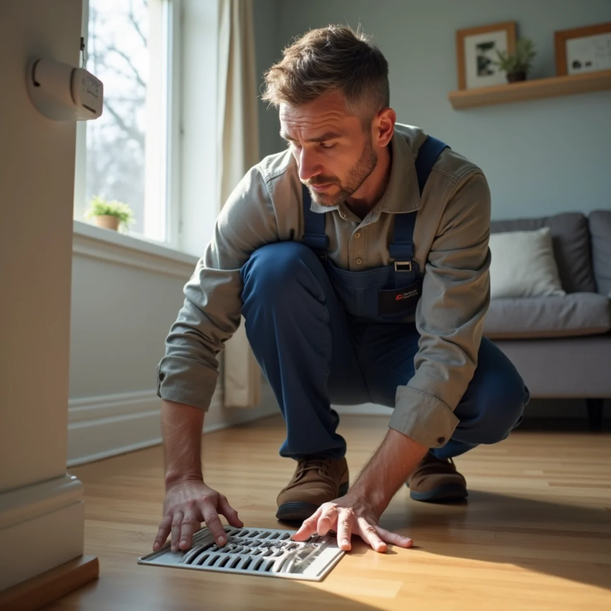 Technician with a hand on a furnace and its venting in a home utility space