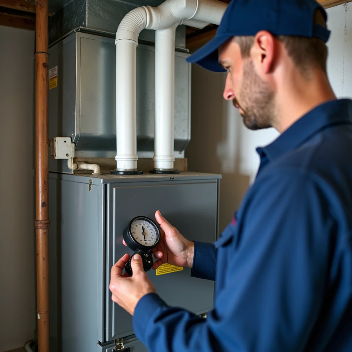 A new high-efficiency furnace installed with white PVC venting