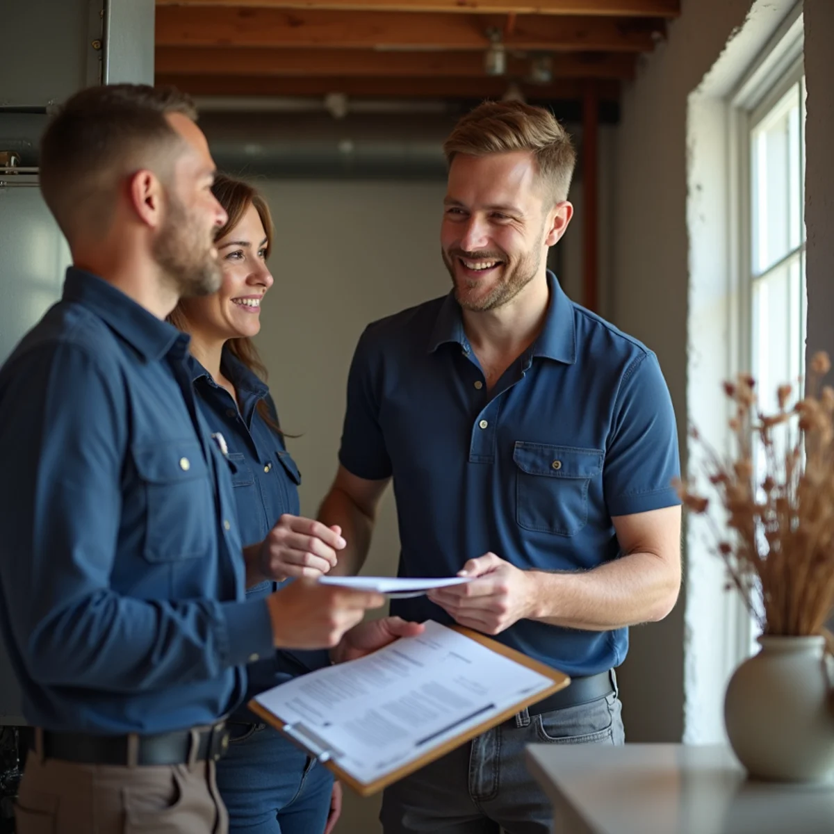 A technician and homeowner reviewing paperwork beside a new furnace