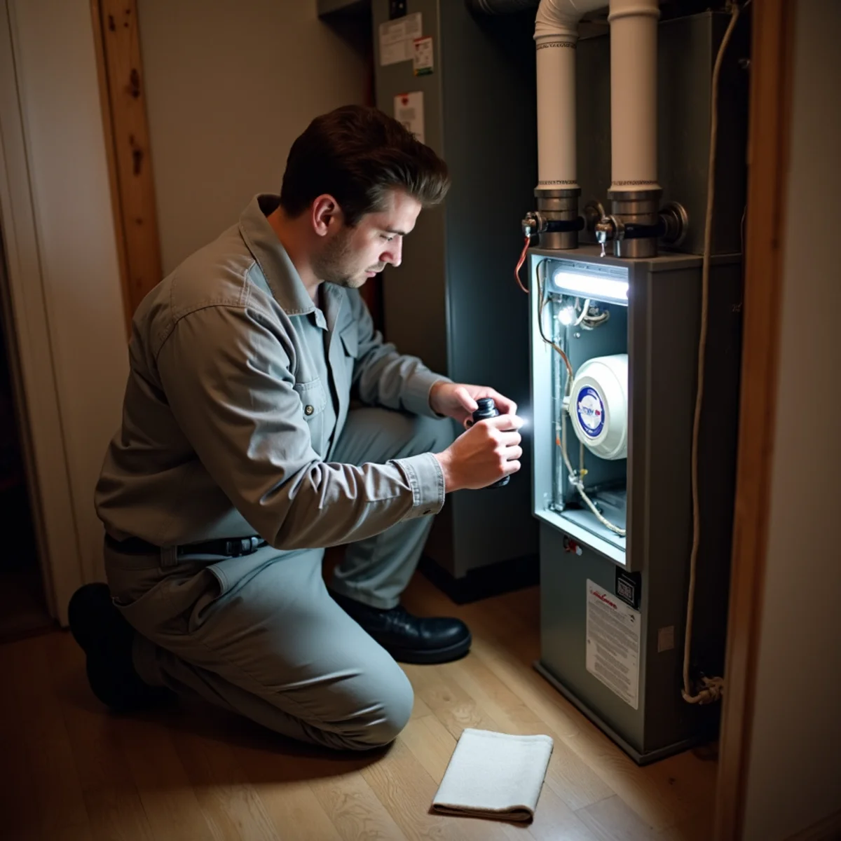 Technician checking a furnace blower compartment with a flashlight