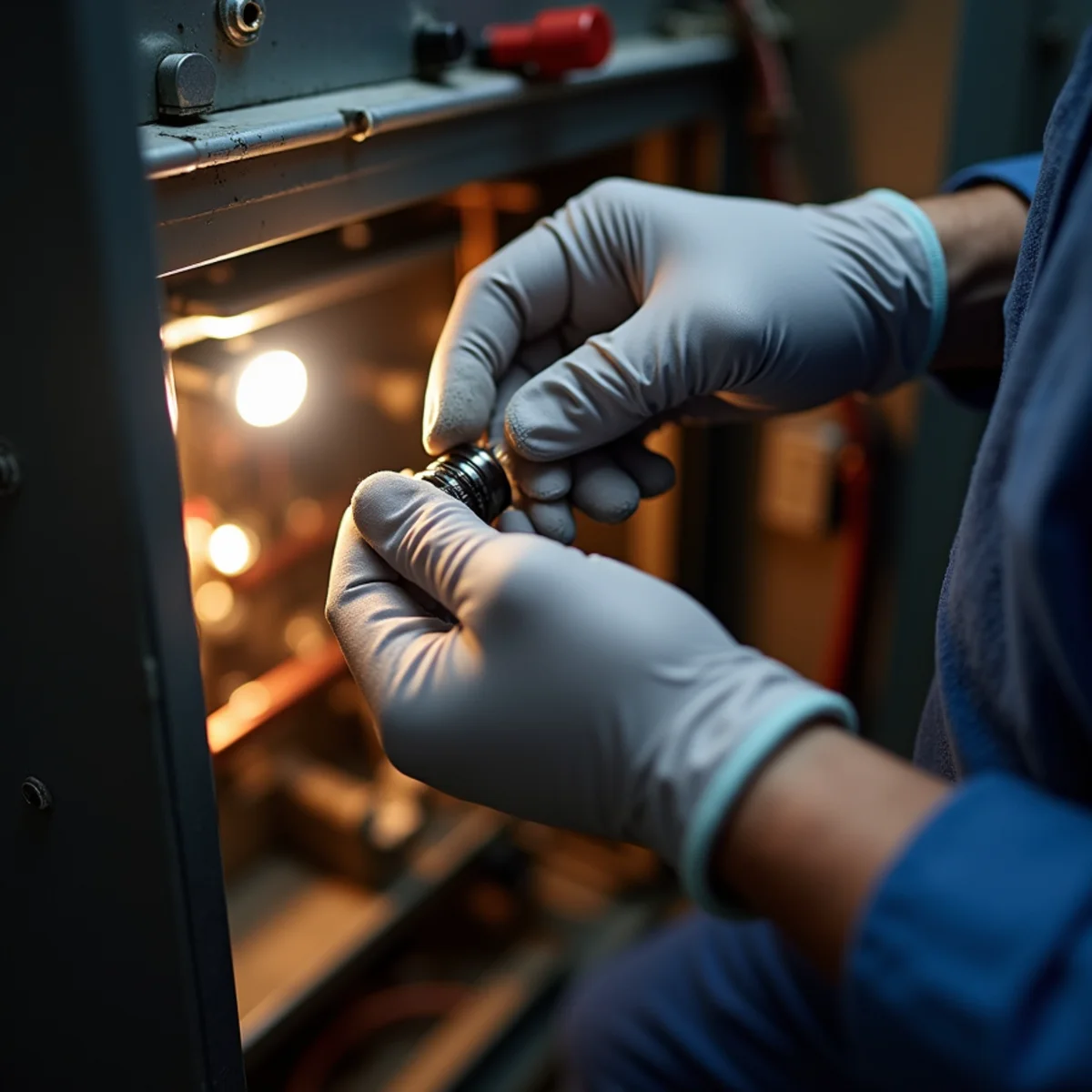 Furnace igniter assembly being inspected up close