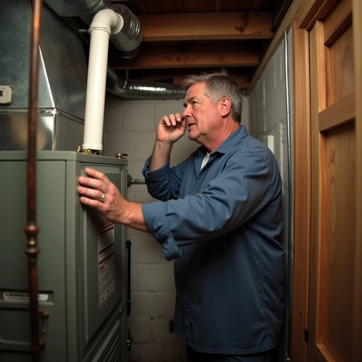 Homeowner standing beside a gas furnace in a basement utility area, head tilted to listen