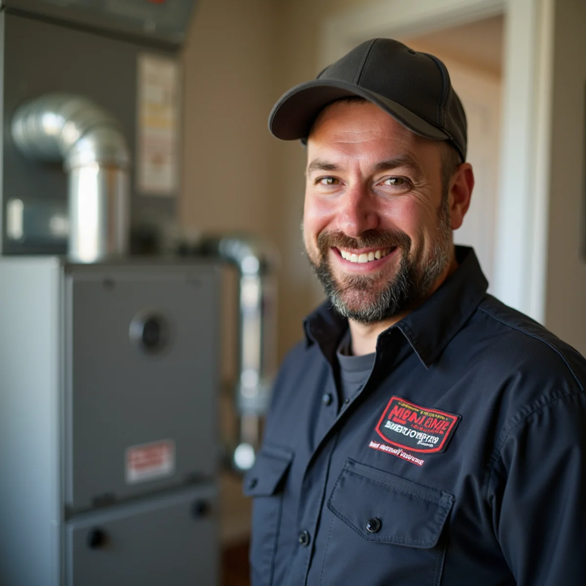 HVAC technician inspecting an open furnace cabinet with a multimeter in a Quakertown PA basement