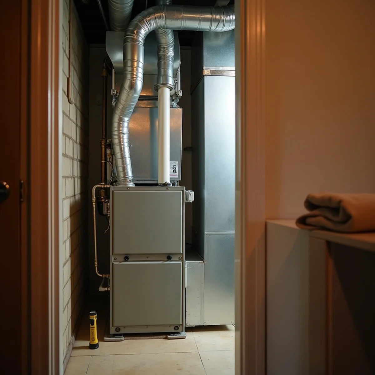 A gas furnace and ductwork in a finished-basement mechanical closet