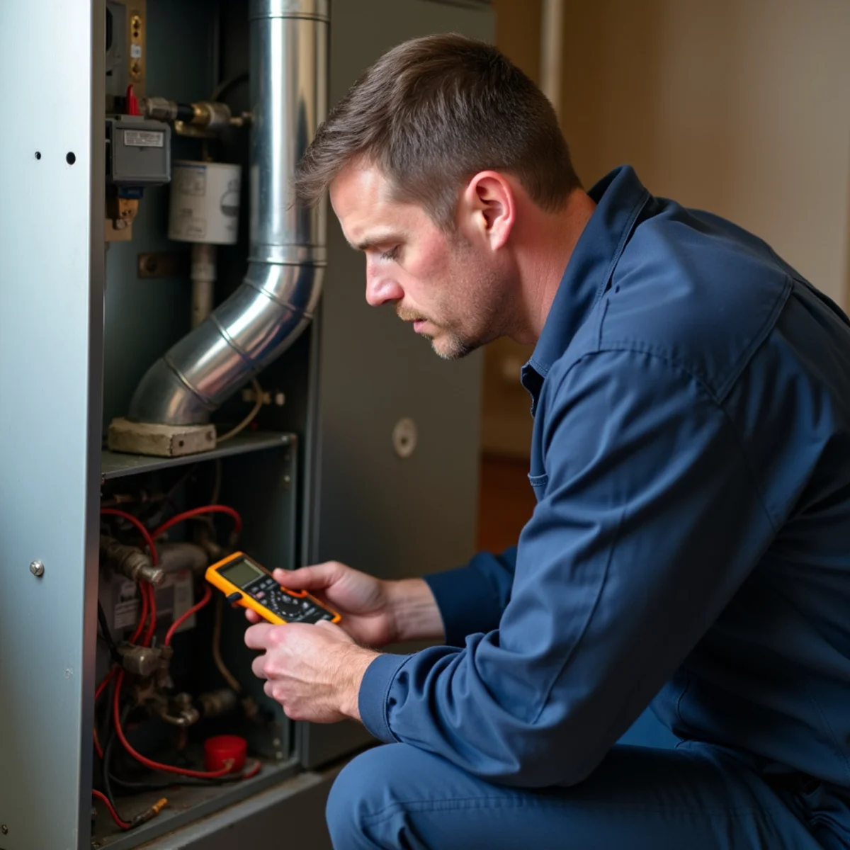 Technician holding a multimeter near a furnace burner assembly