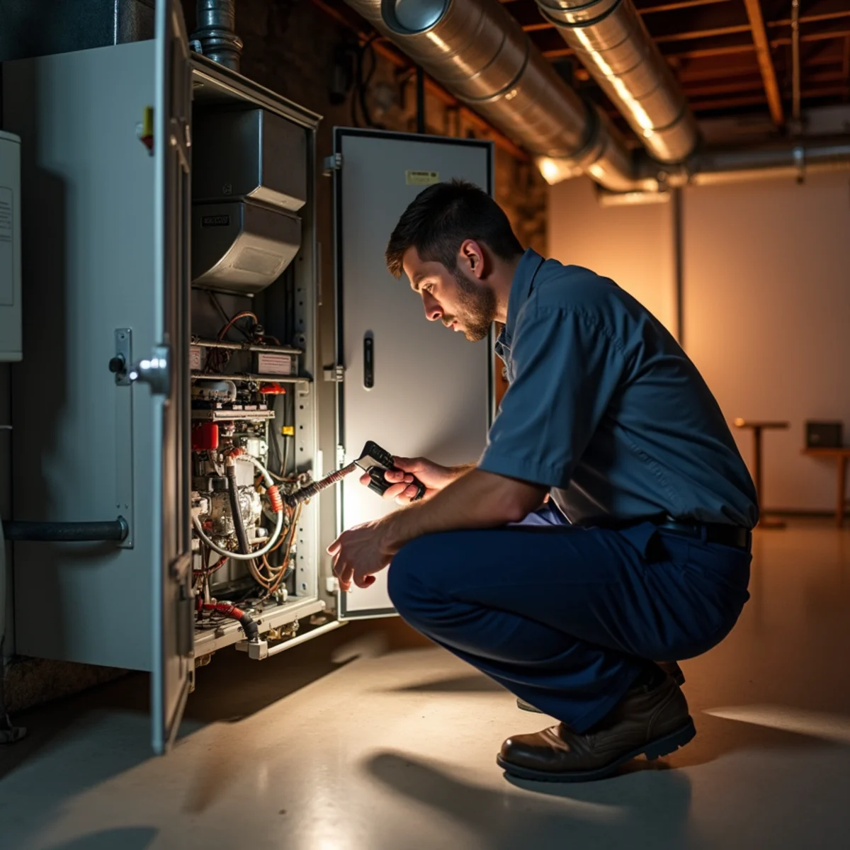 HVAC technician repairing a gas furnace in a Quakertown, PA basement
