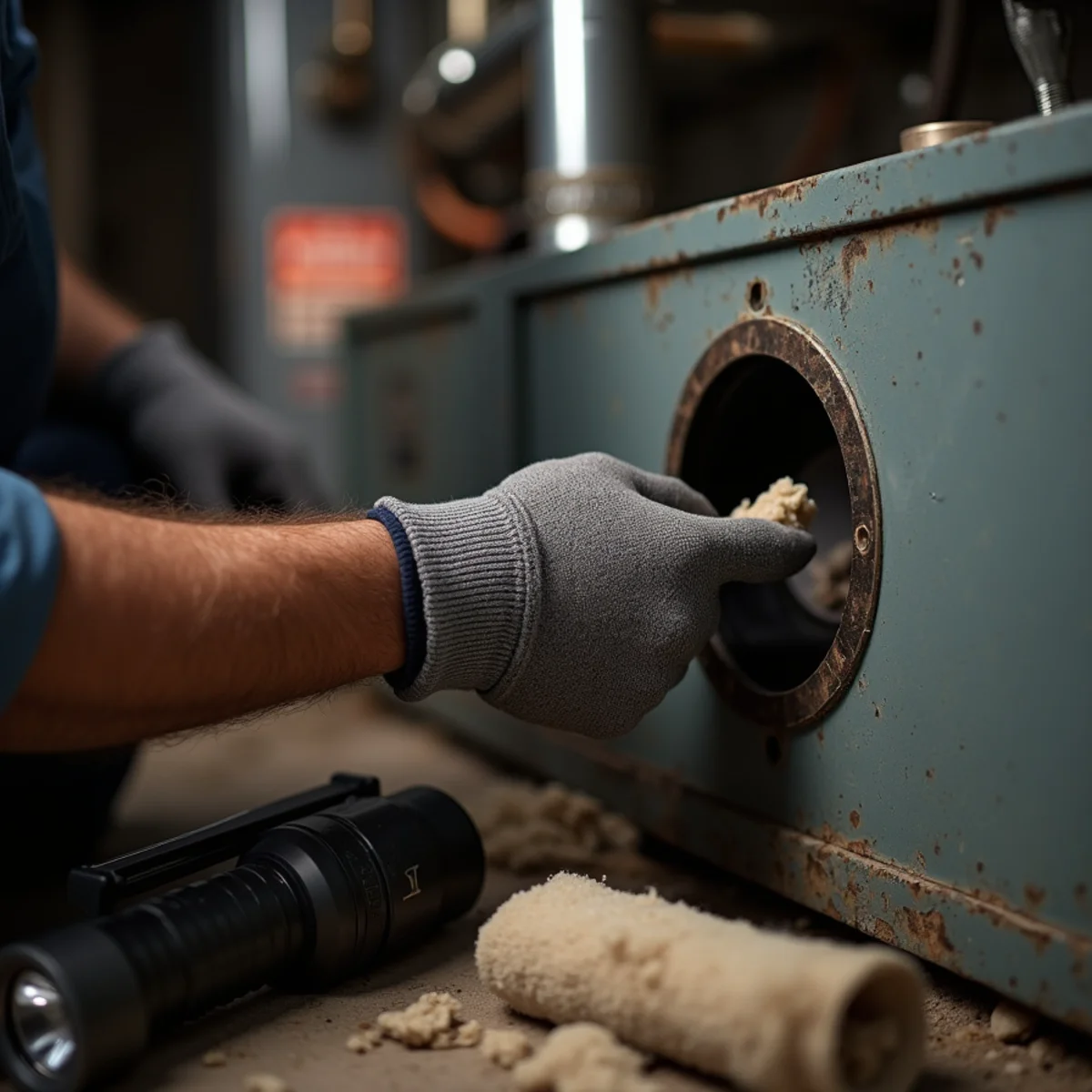 Technician checking an oil furnace for soot