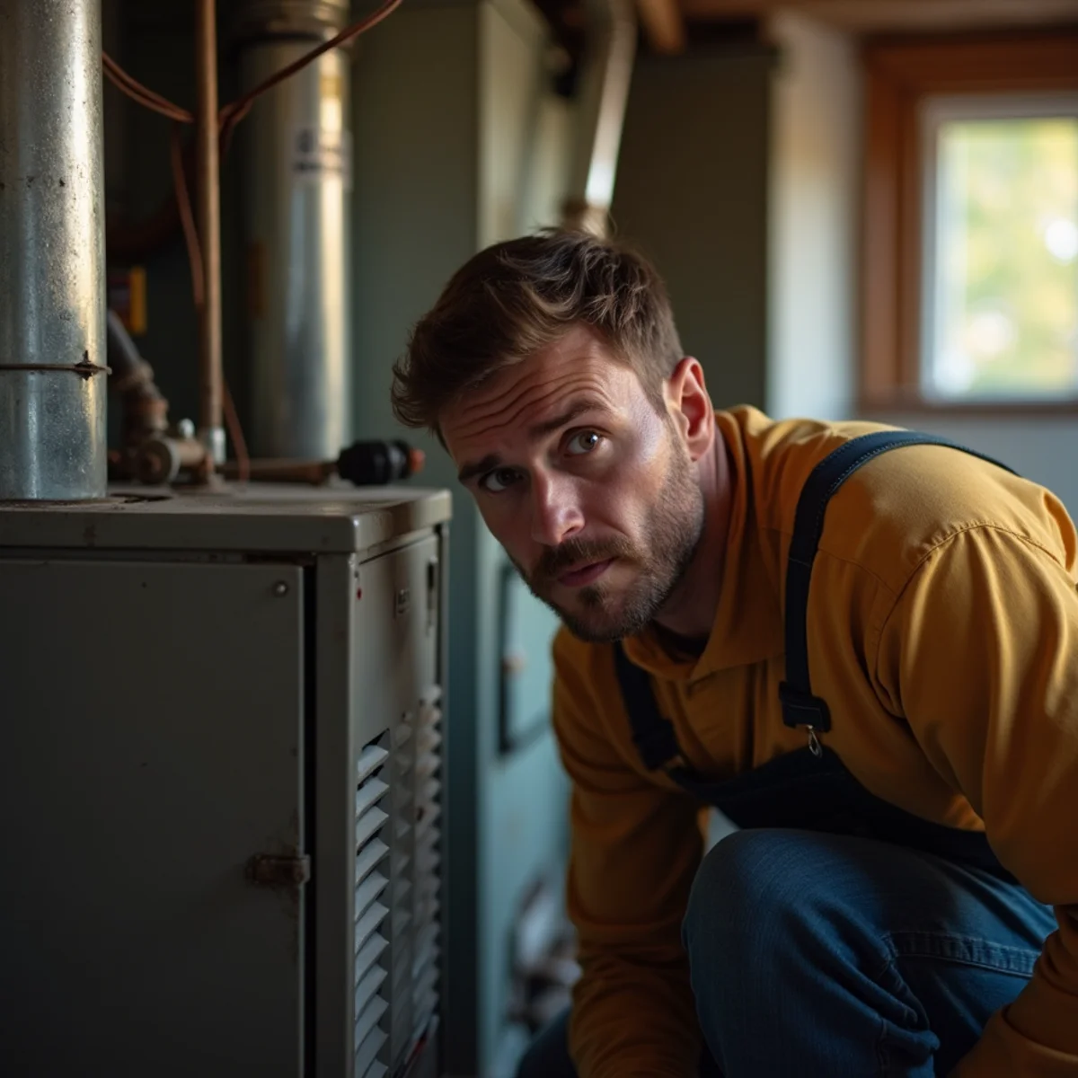 Technician beside a furnace and its venting in a home utility space