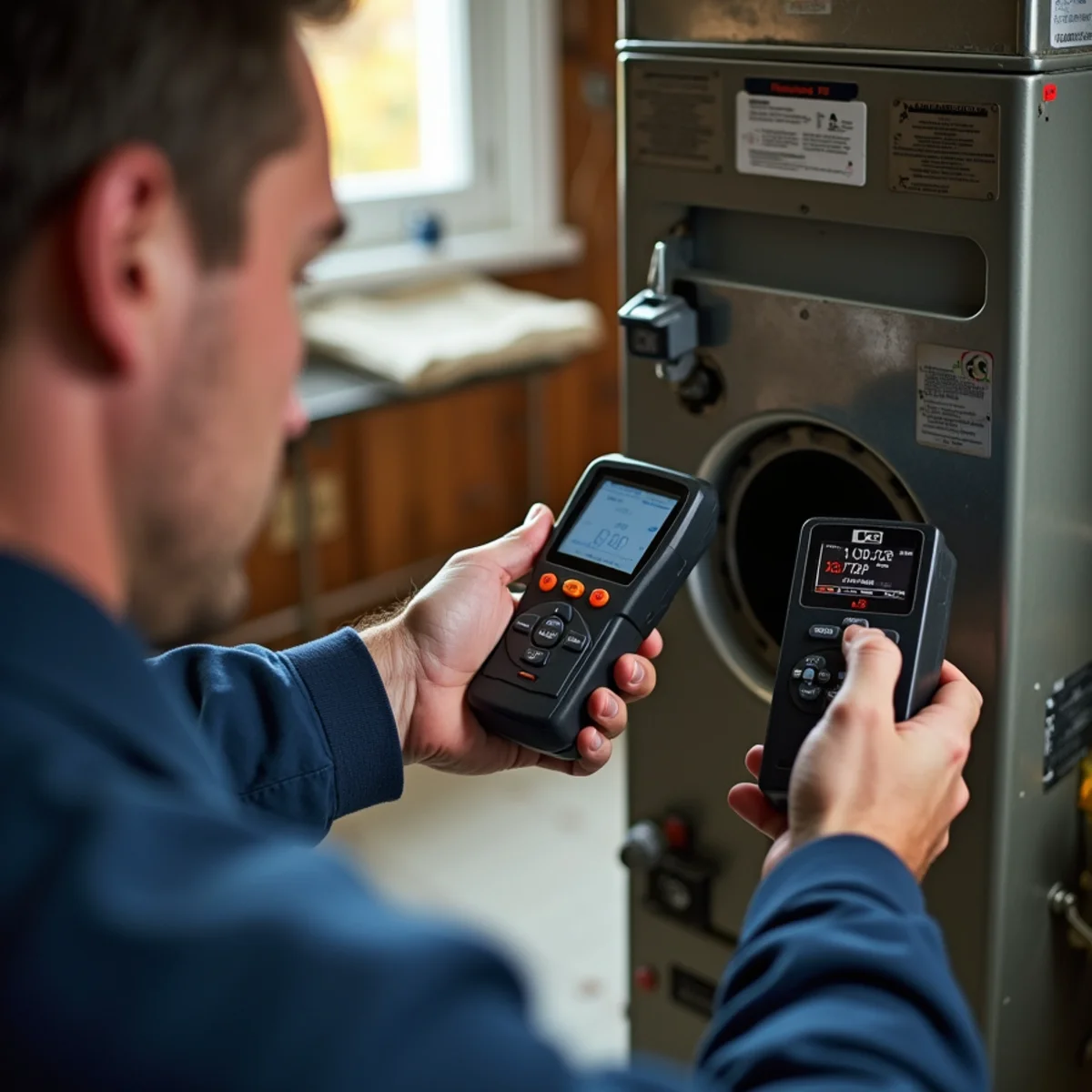 A combustion analyzer reading at a furnace flue
