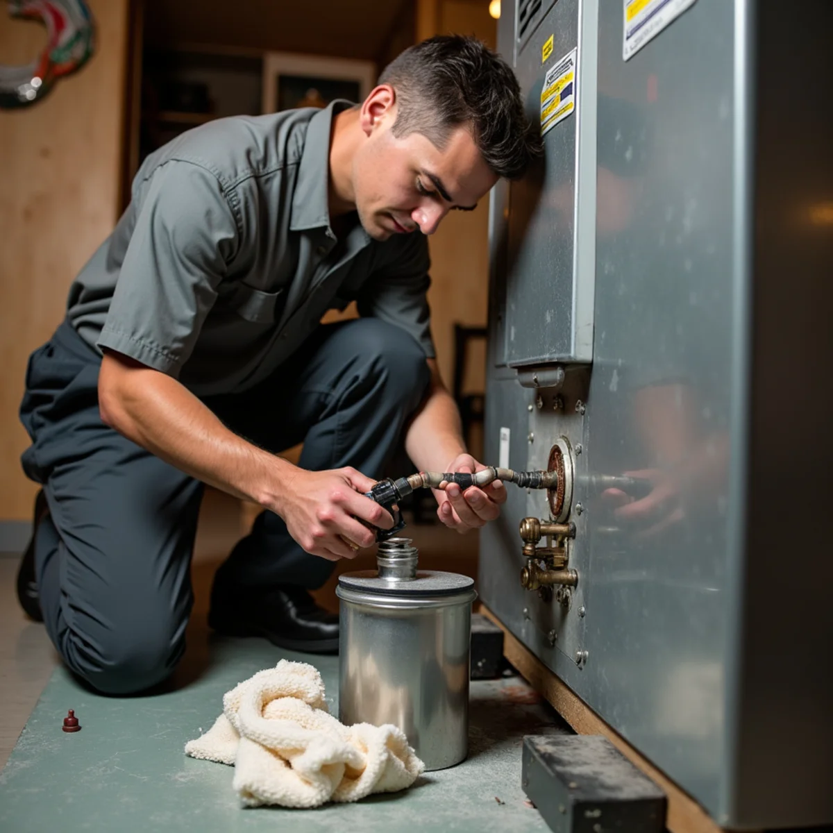 Technician servicing an oil burner nozzle and filter