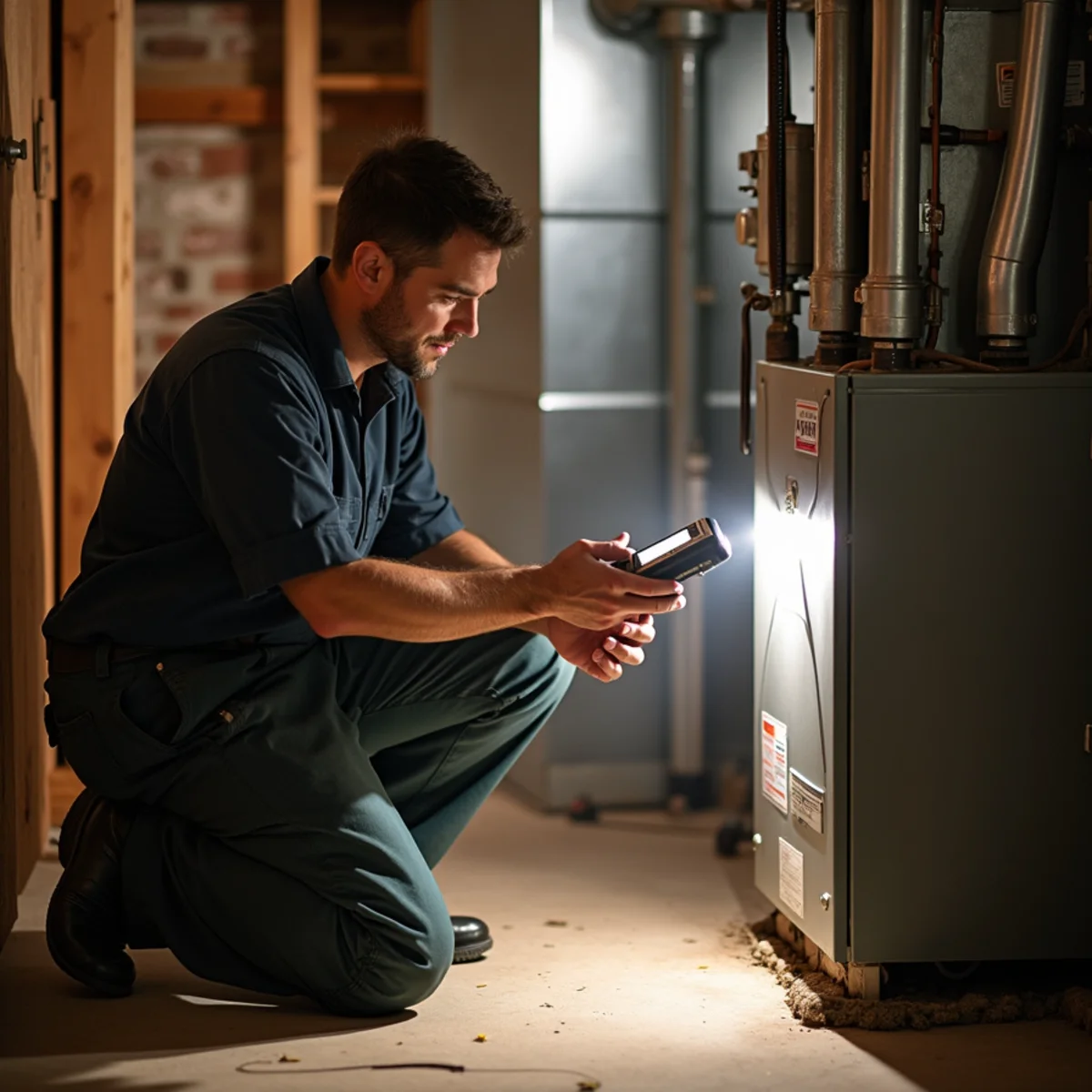 Technician checking a furnace burner compartment with a flashlight