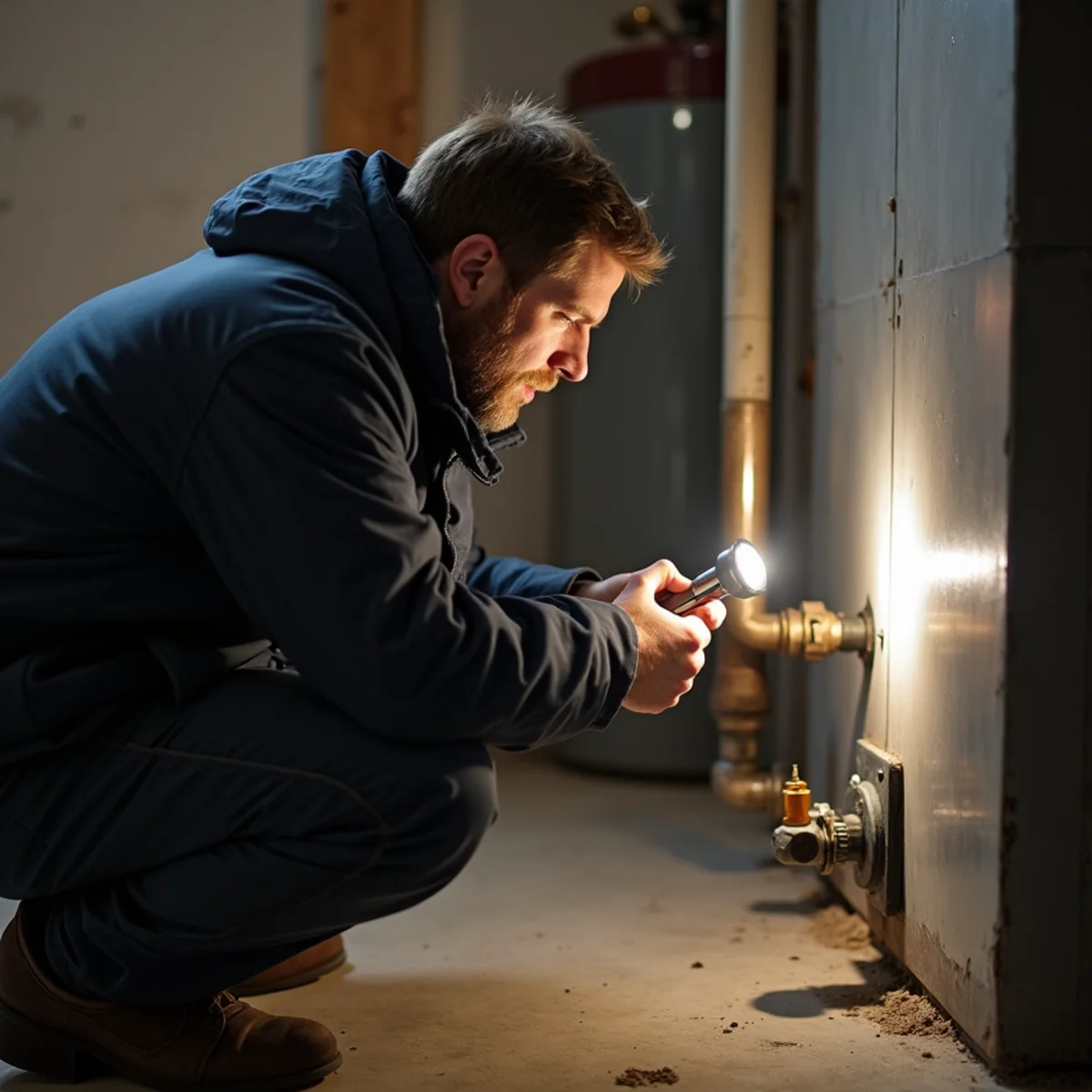 A homeowner checking an oil tank gauge