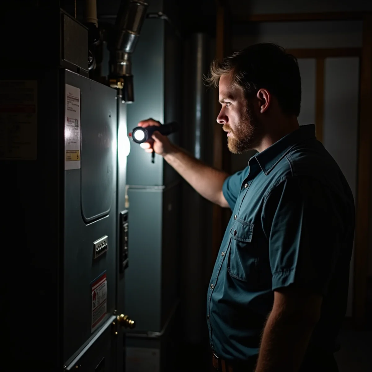 Technician standing beside a furnace in a home utility space