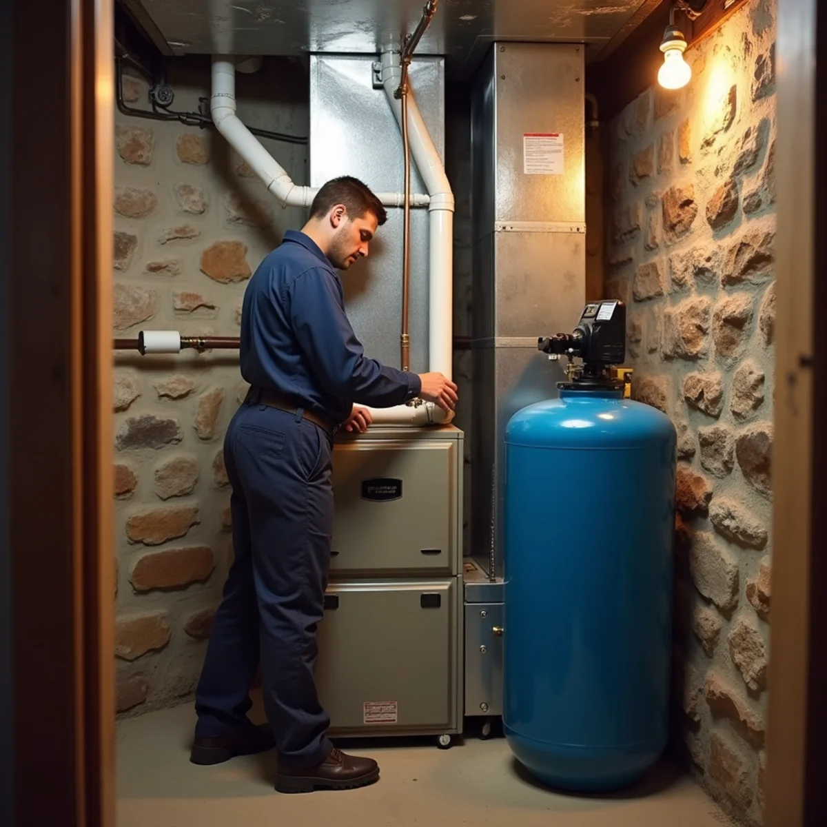 Technician servicing an oil furnace in a basement mechanical room next to a water pressure tank