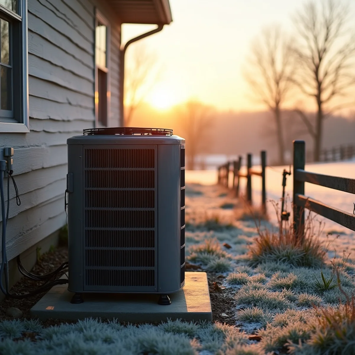 Frost on grass and an outdoor heat pump unit beside a rural home at dawn