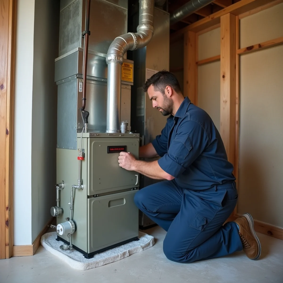 Technician working on a gas furnace in a basement utility corner with a protective floor mat