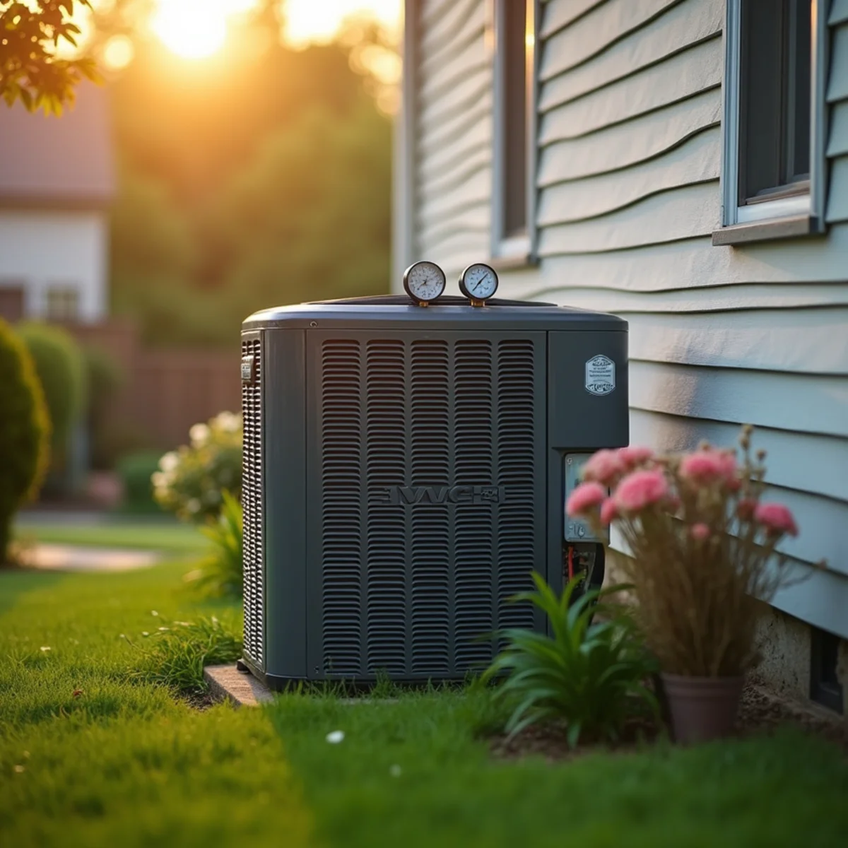 Outdoor air conditioner condenser beside a suburban house on a warm summer evening