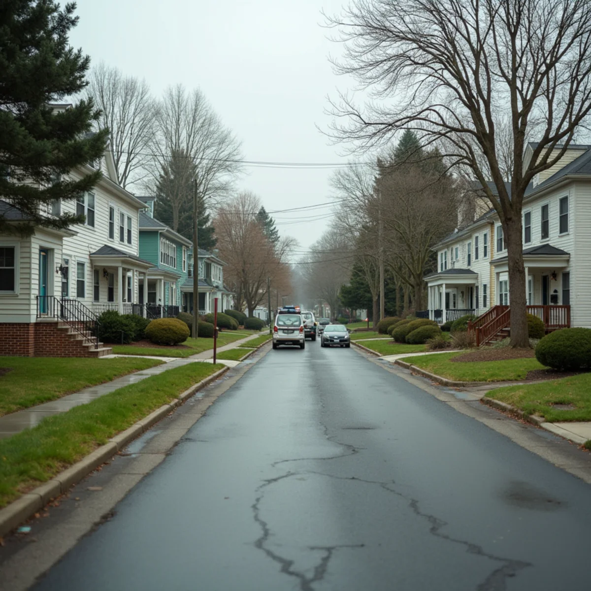 Closely spaced mid-century houses with small yards on a borough street in Montgomery County