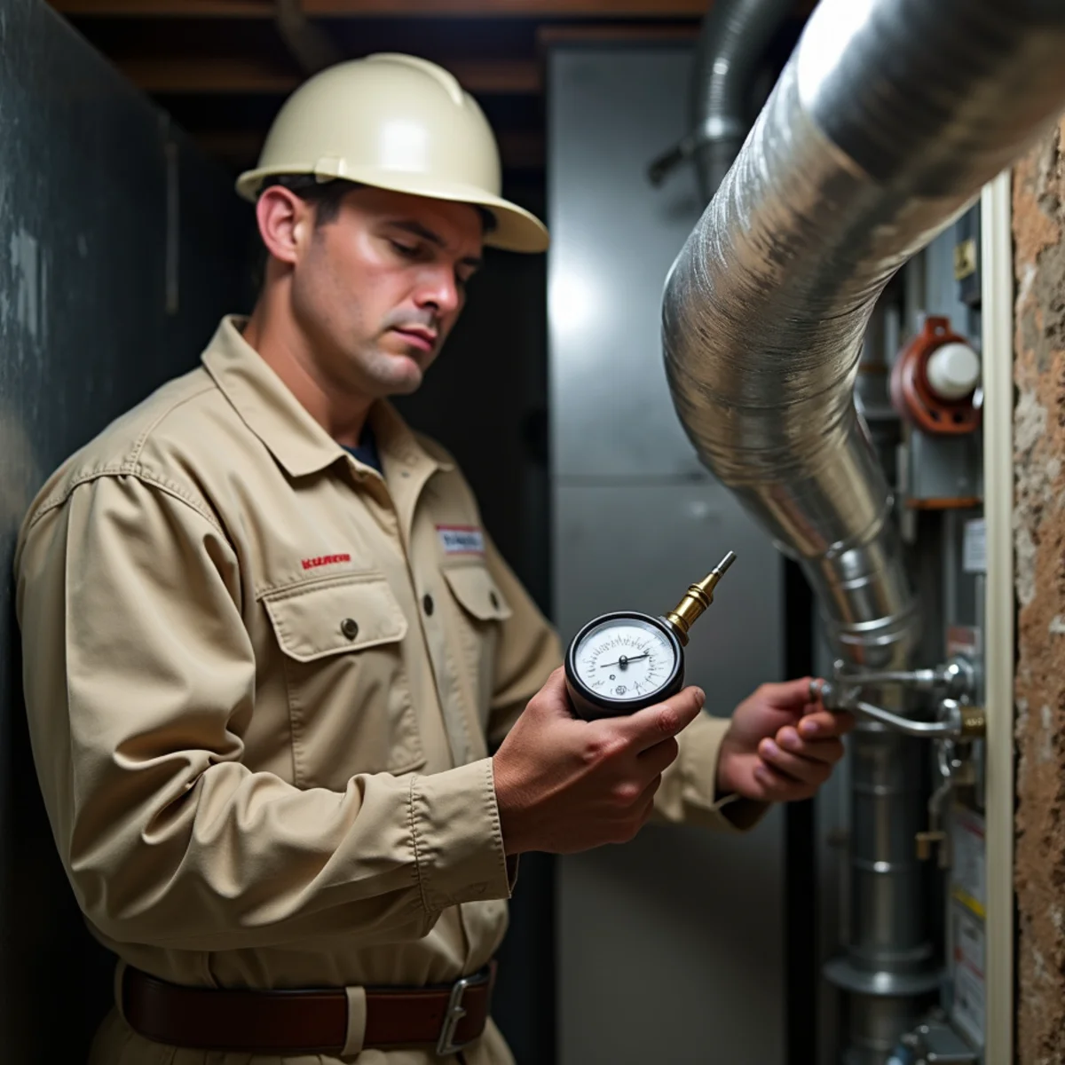 HVAC technician measuring static pressure on a furnace and duct trunk in a basement