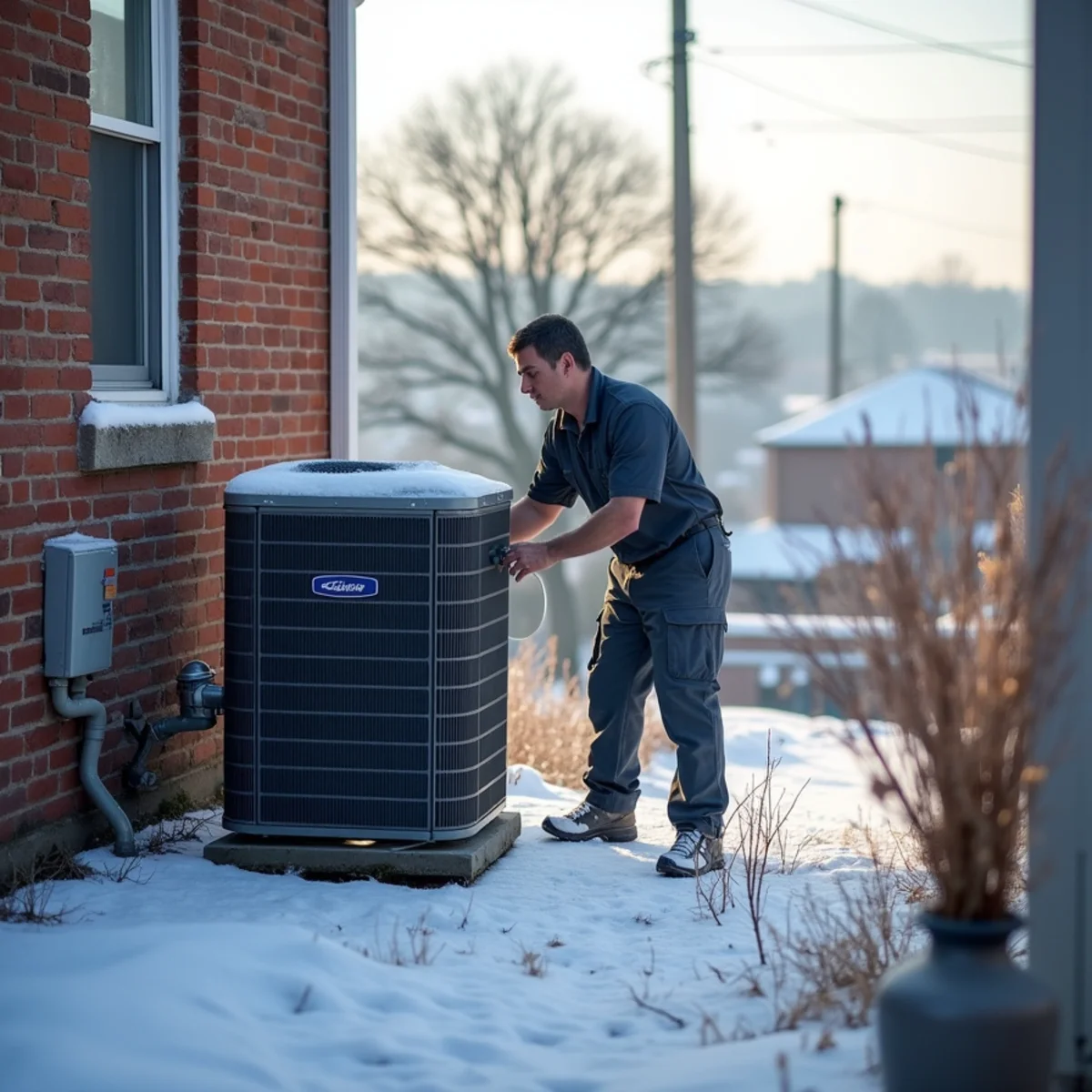 Frost on rooftops and an outdoor condenser behind a small-borough house on a cold morning
