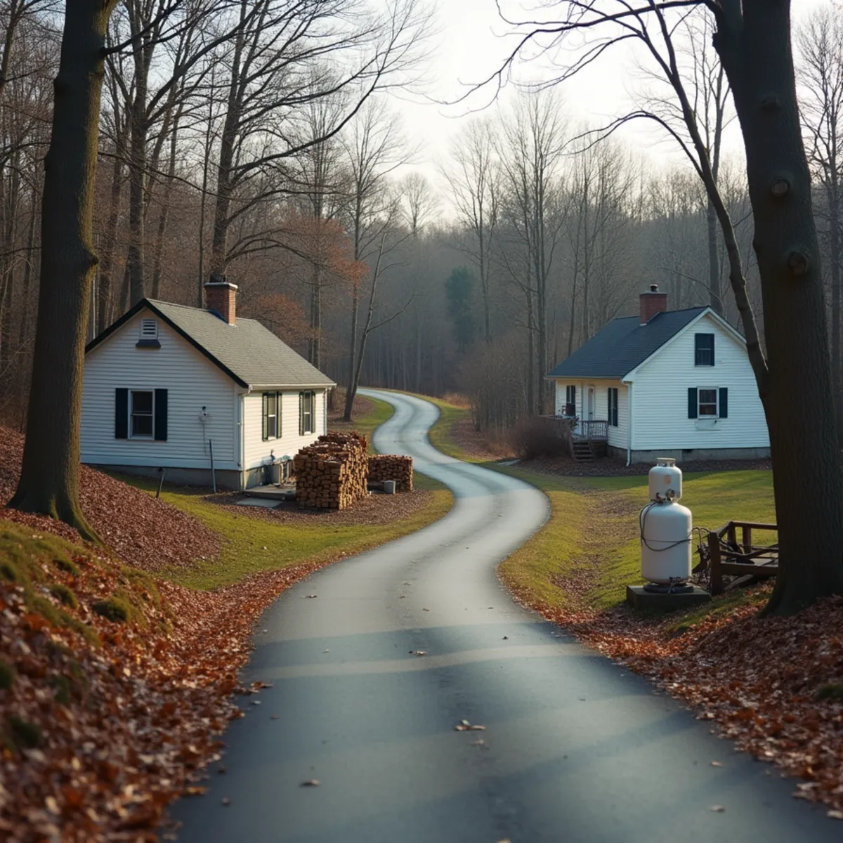 Detached houses on wooded lots along a hilly rural road with a propane tank beside one home