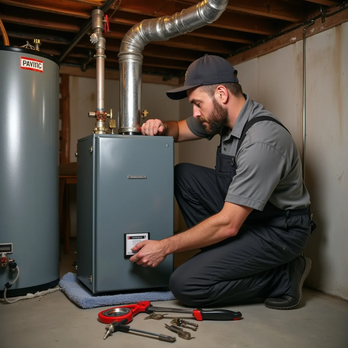 Technician servicing an oil burner on a cast-iron boiler in a residential basement