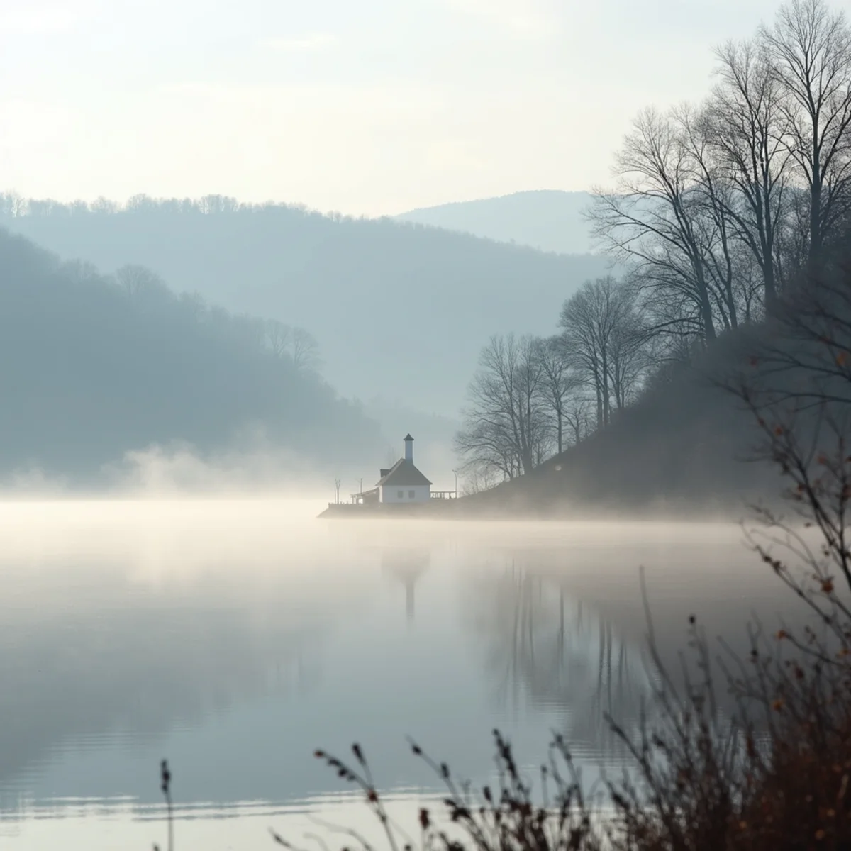 Misty early morning over a large Pennsylvania lake with wooded shoreline and a house in the trees