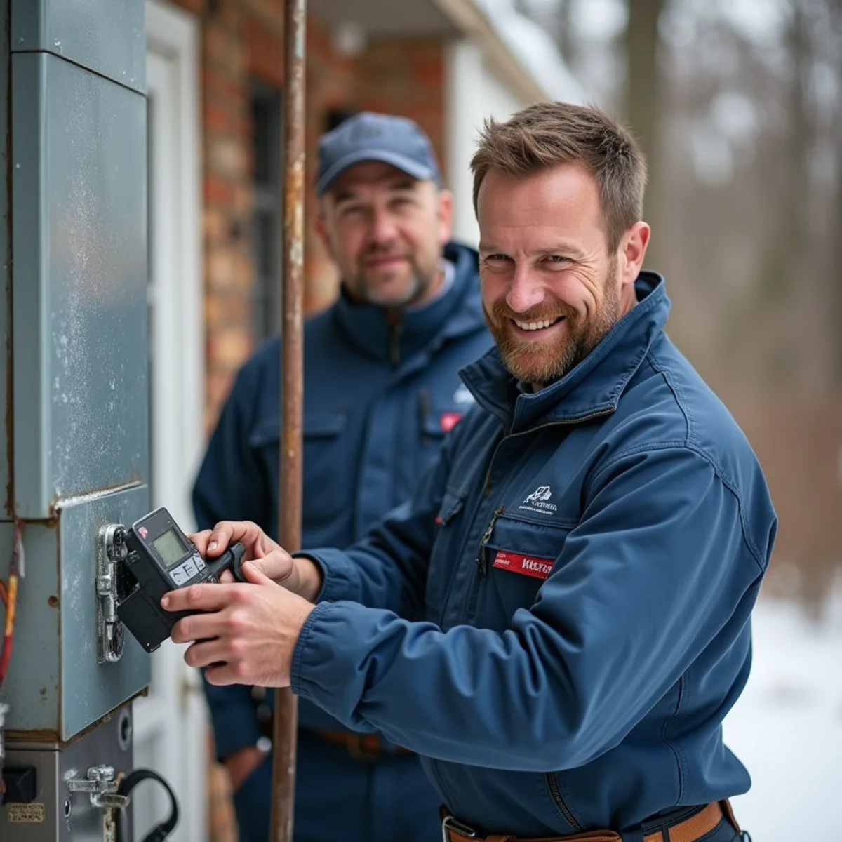 Outdoor heat pump unit in a Richland Township yard with light frost and steam rising during a winter defrost cycle