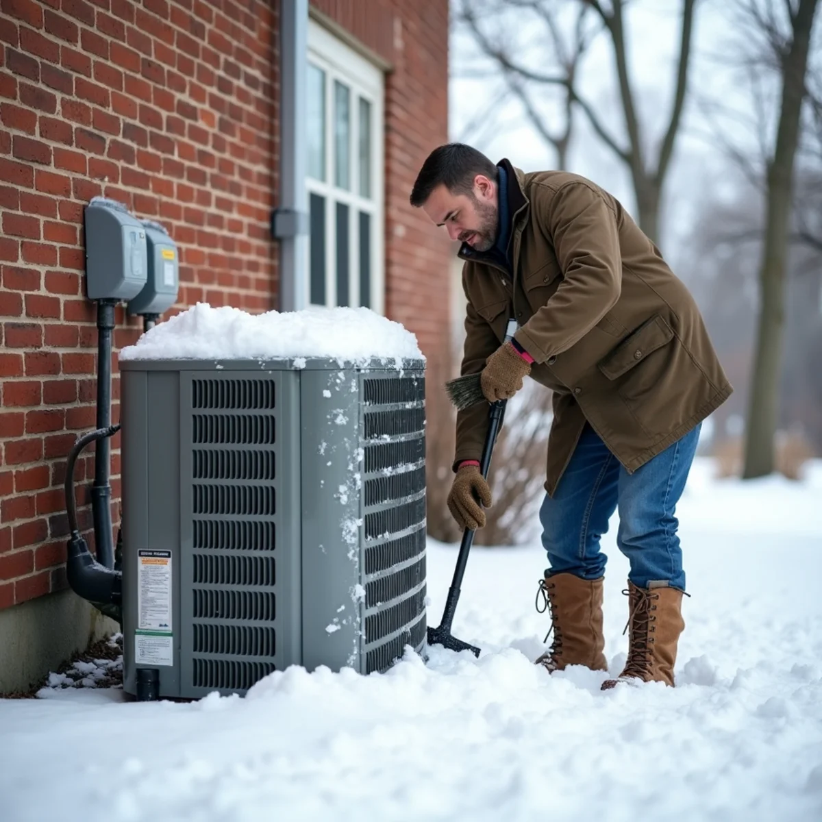 Homeowner clearing snow from around an outdoor heat pump