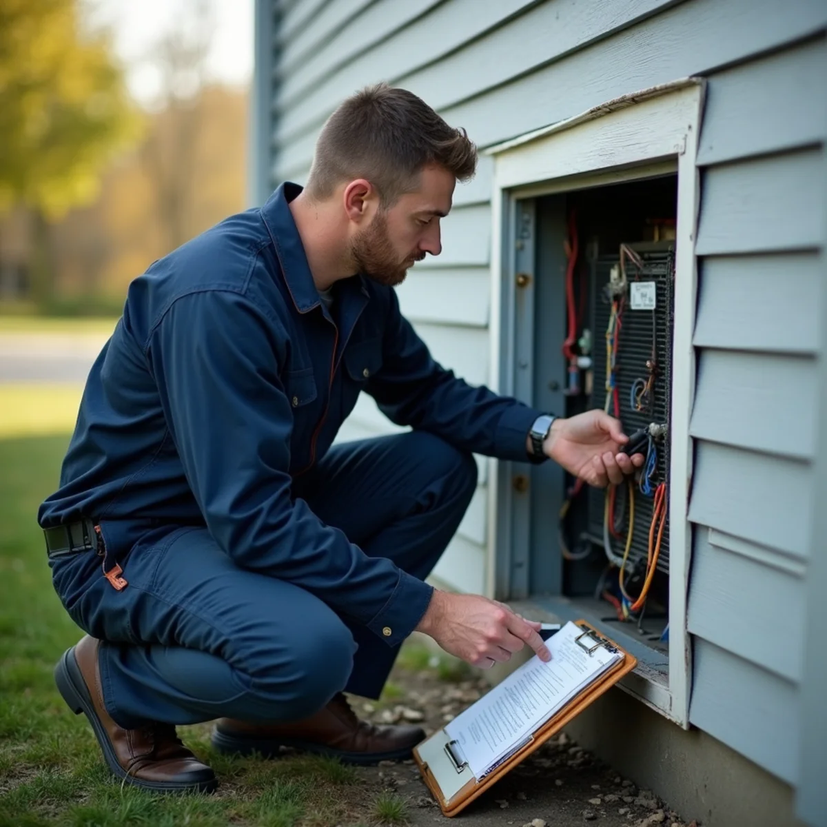 Technician inspecting an outdoor heat pump coil and wiring