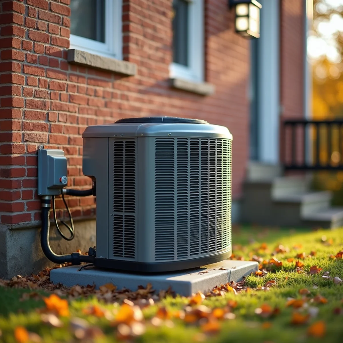 Outdoor heat pump unit beside a brick Pennsylvania home with a clear gravel pad around it