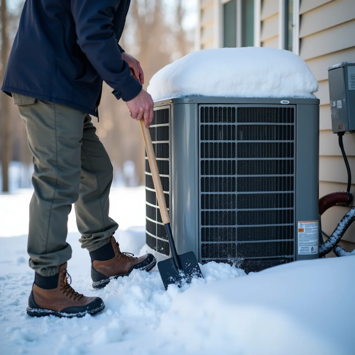 Clearing snow from around an outdoor heat pump