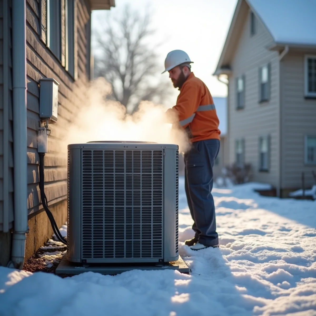 Technician checking an outdoor heat pump unit beside a house in winter conditions