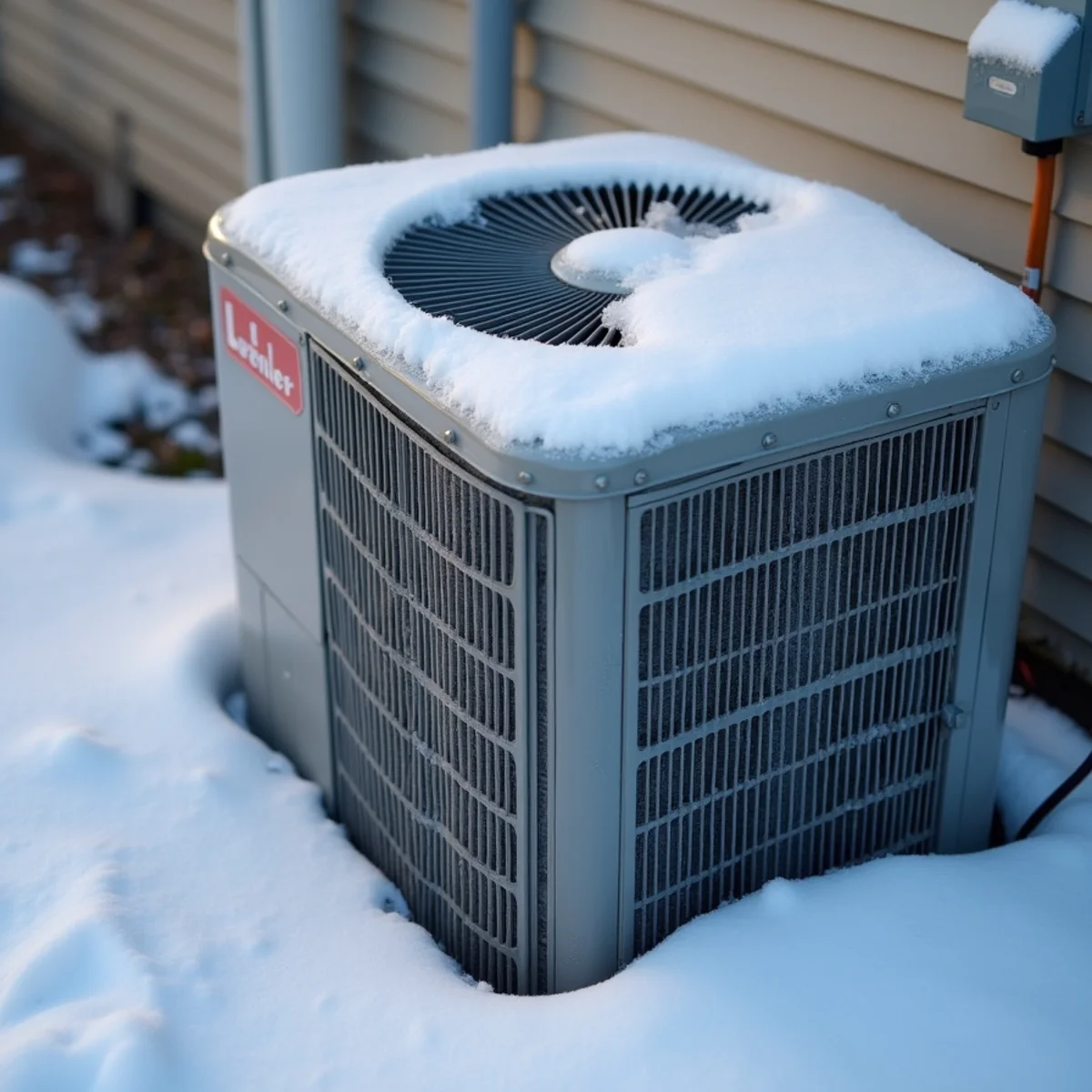 An outdoor heat pump with heavy ice buildup