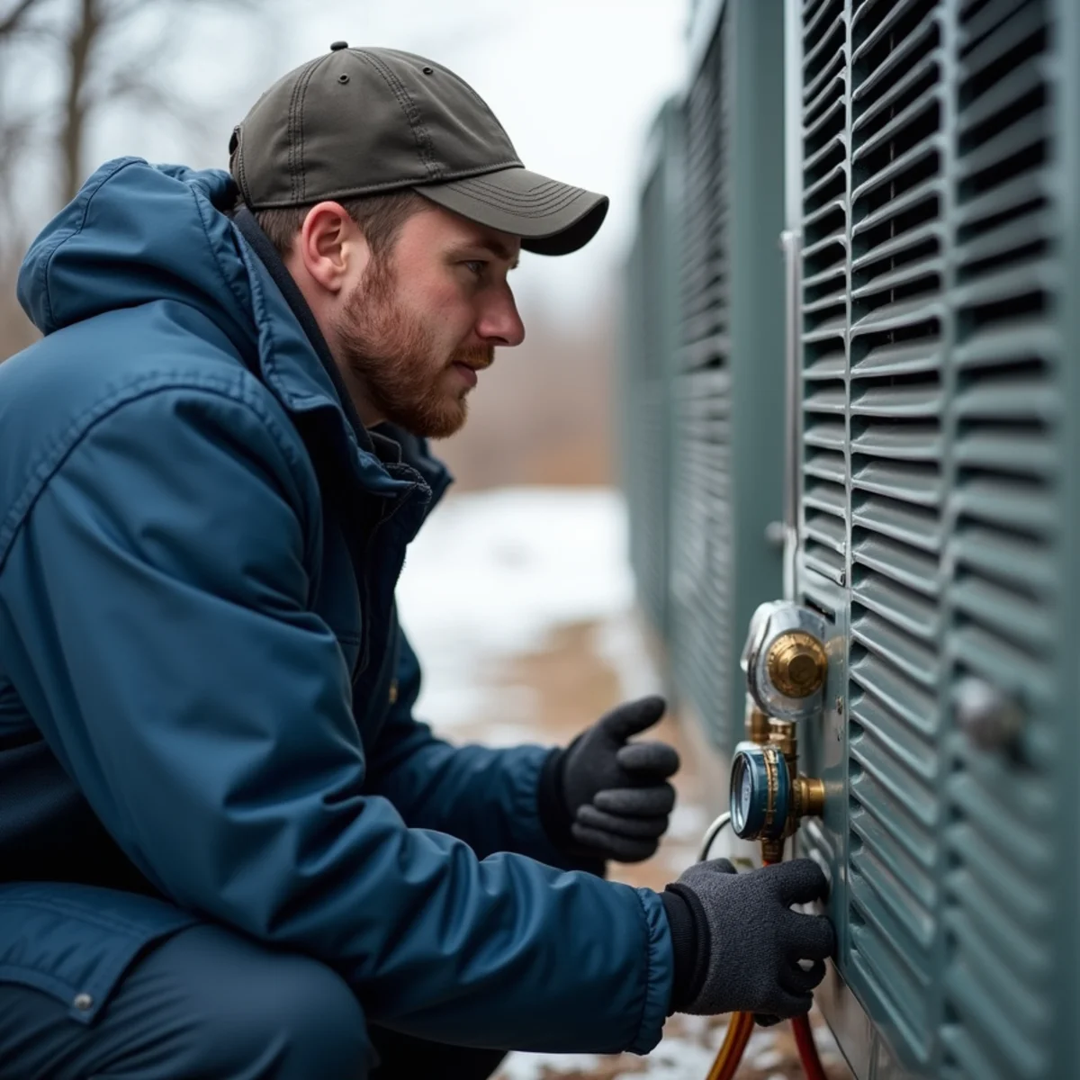 Technician reading refrigerant pressures on a heat pump