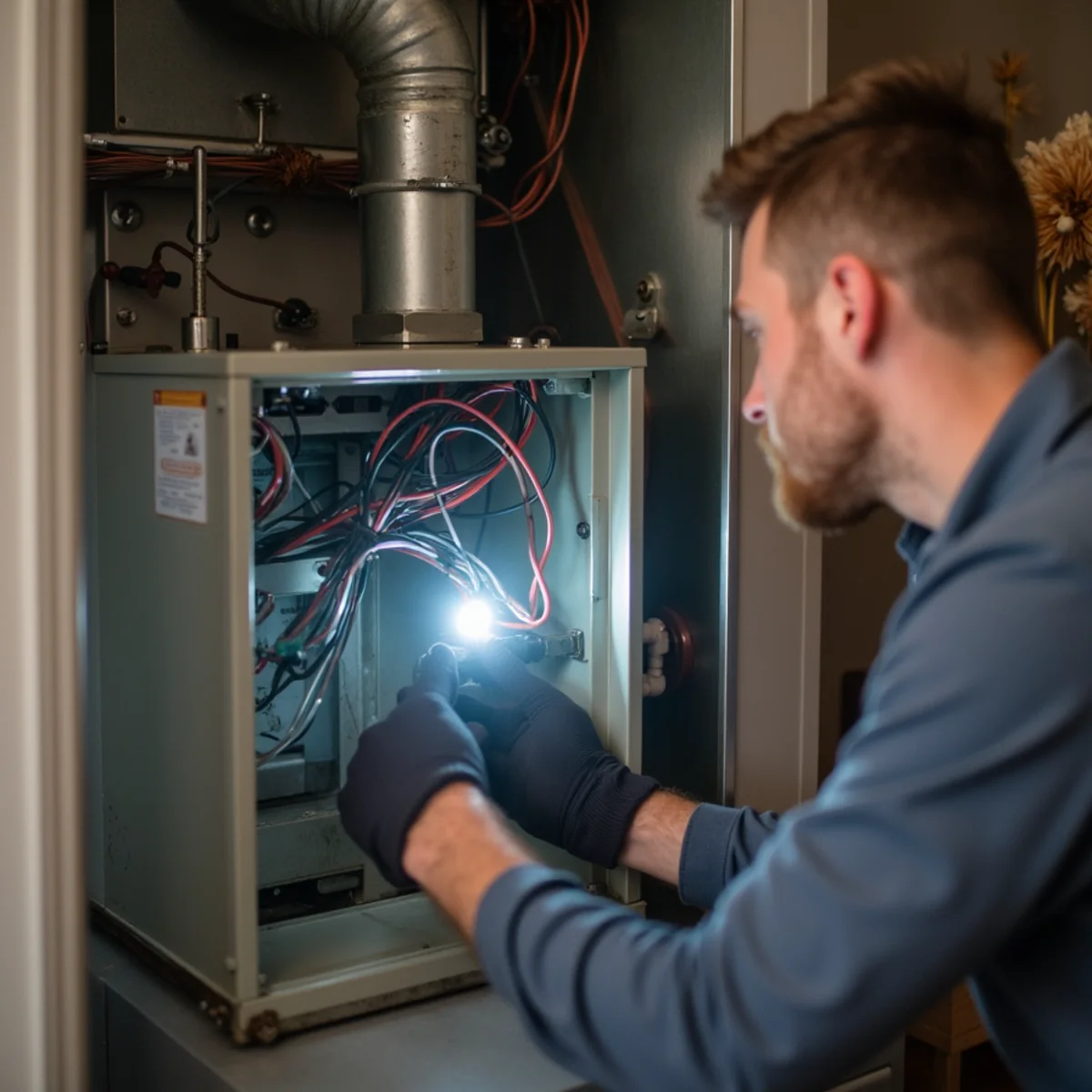 Technician inspecting auxiliary heat strips in an air handler