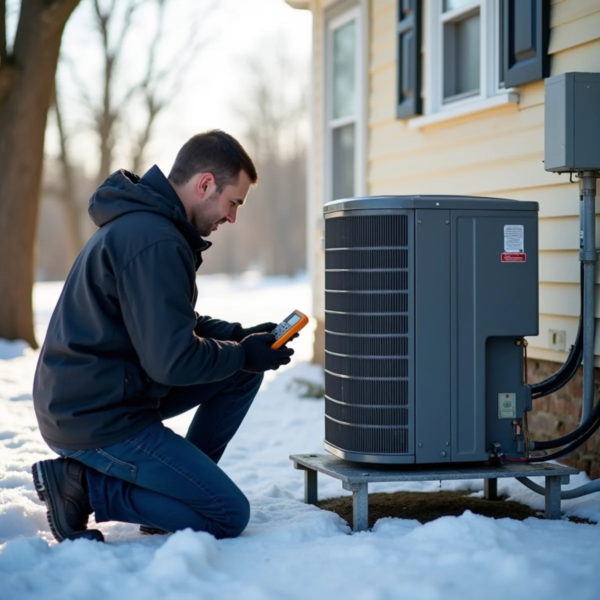 Technician checking an outdoor heat pump unit beside a house in winter conditions