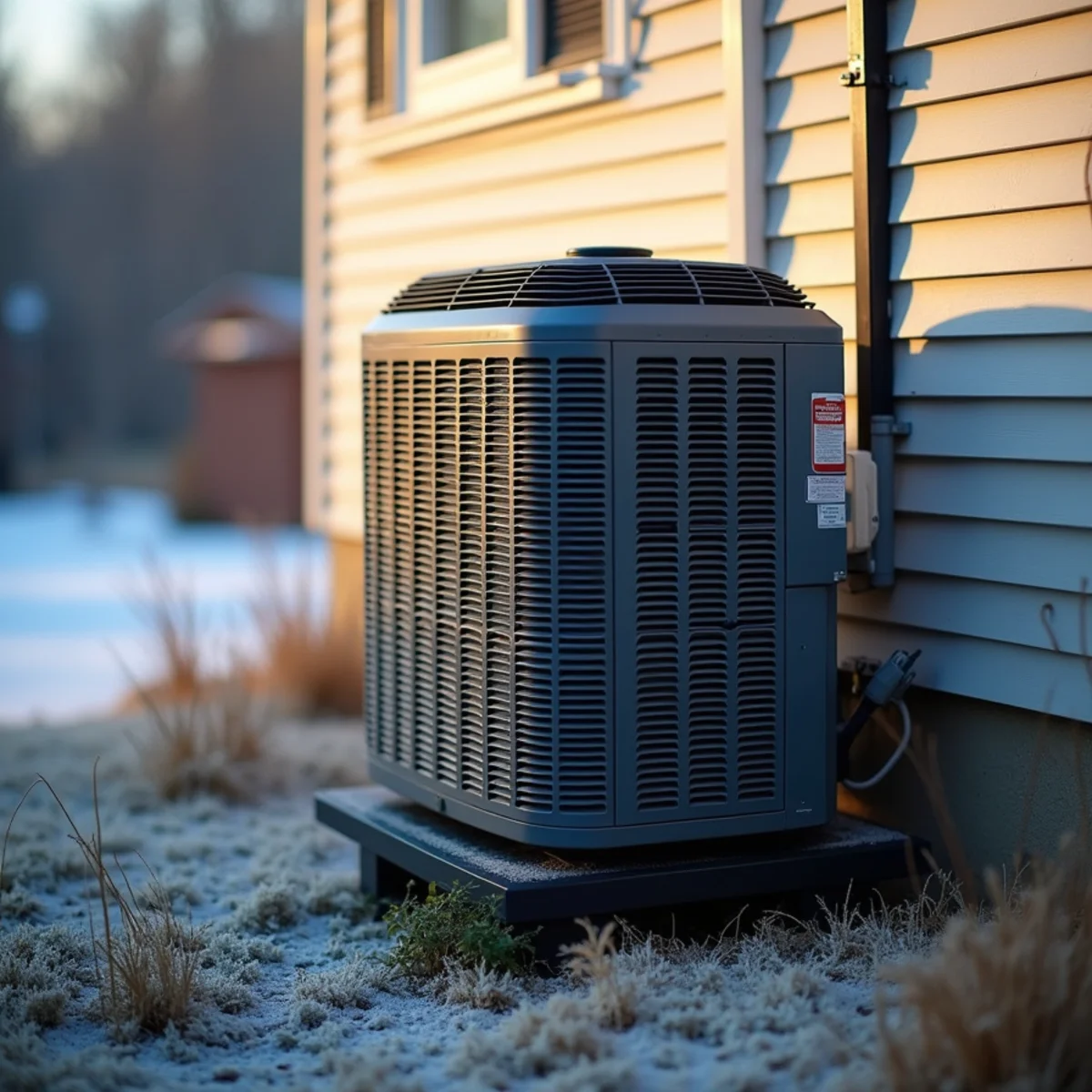 An outdoor heat pump with light frost on a winter morning