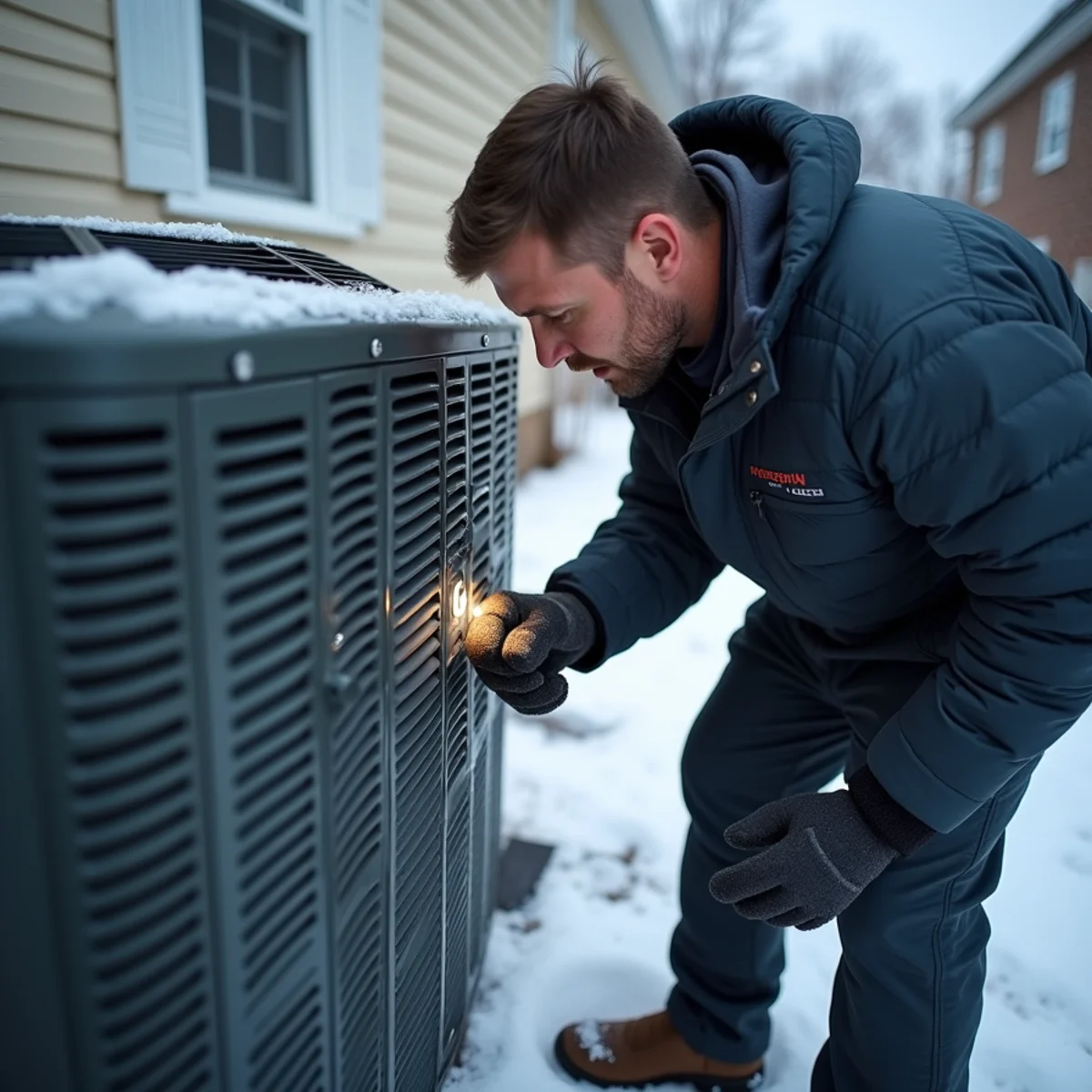 Technician inspecting an outdoor heat pump coil