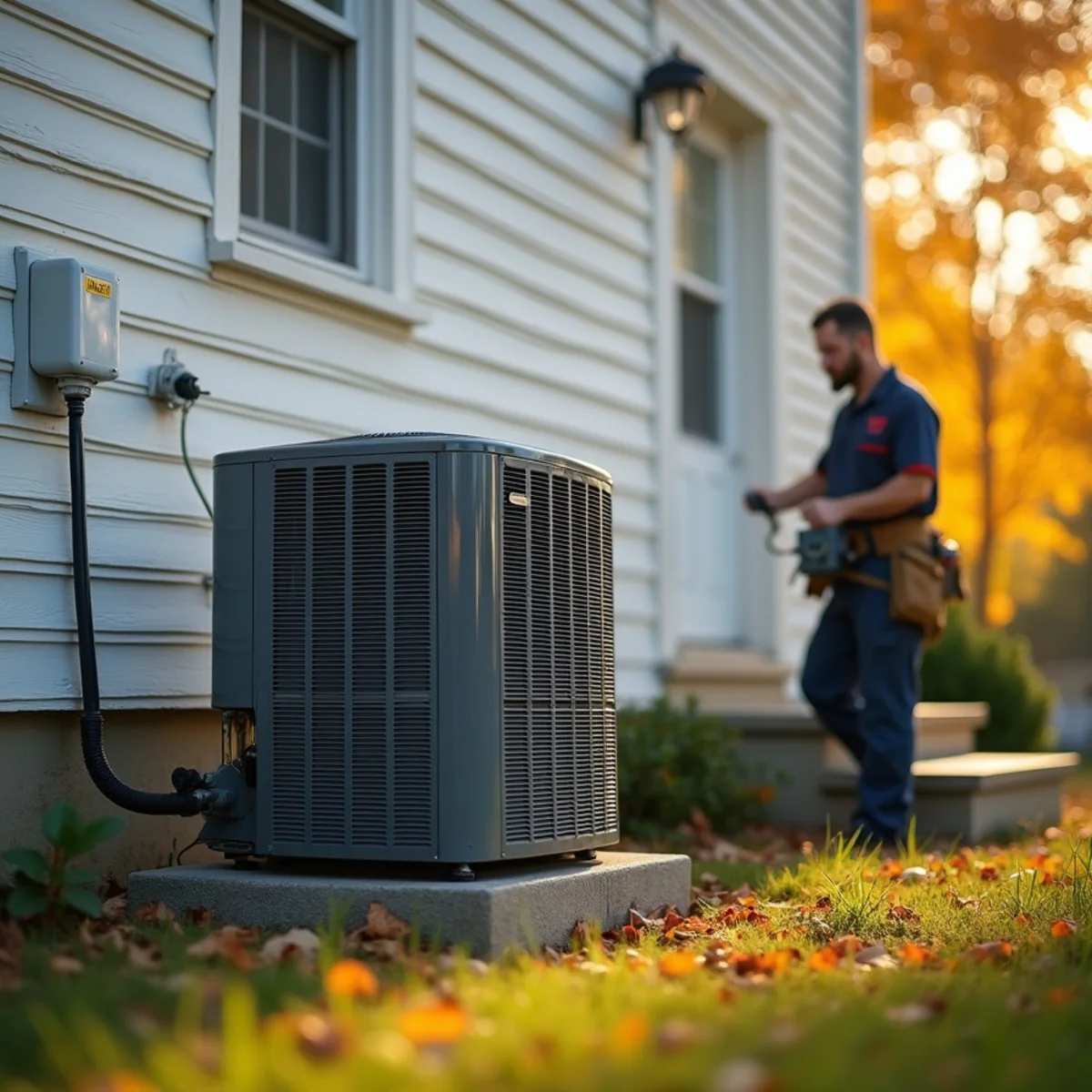 Technician checking an outdoor heat pump unit beside a house in winter conditions