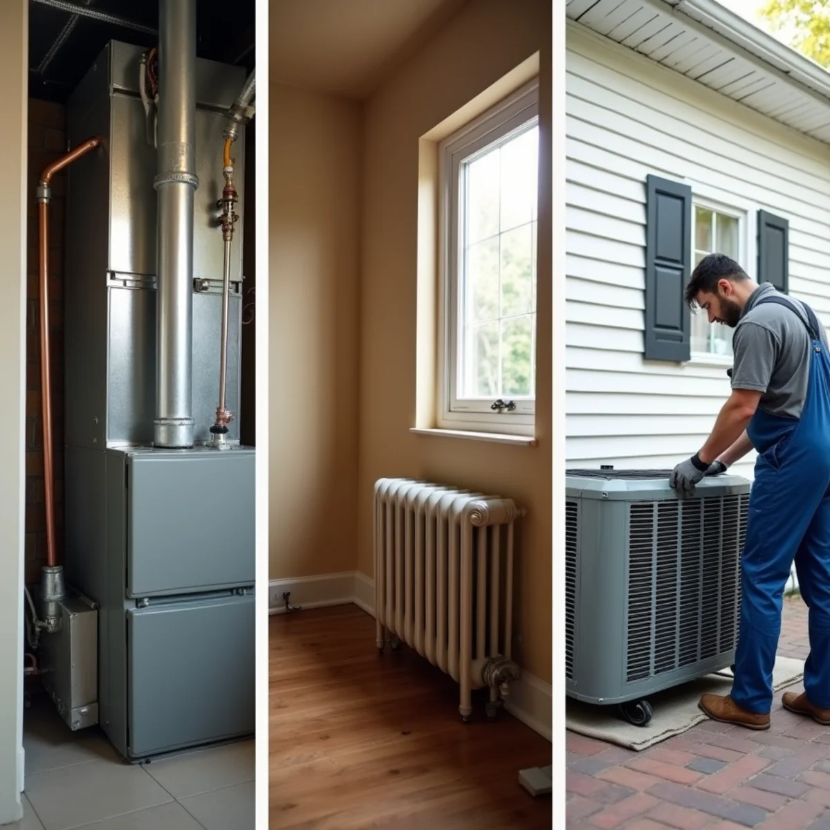 A furnace, a boiler, and a heat pump unit shown as separate panels of one scene