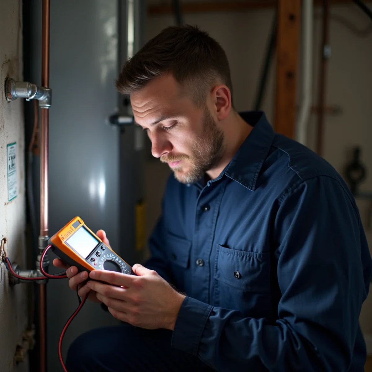 Technician diagnosing a heating fault with a meter