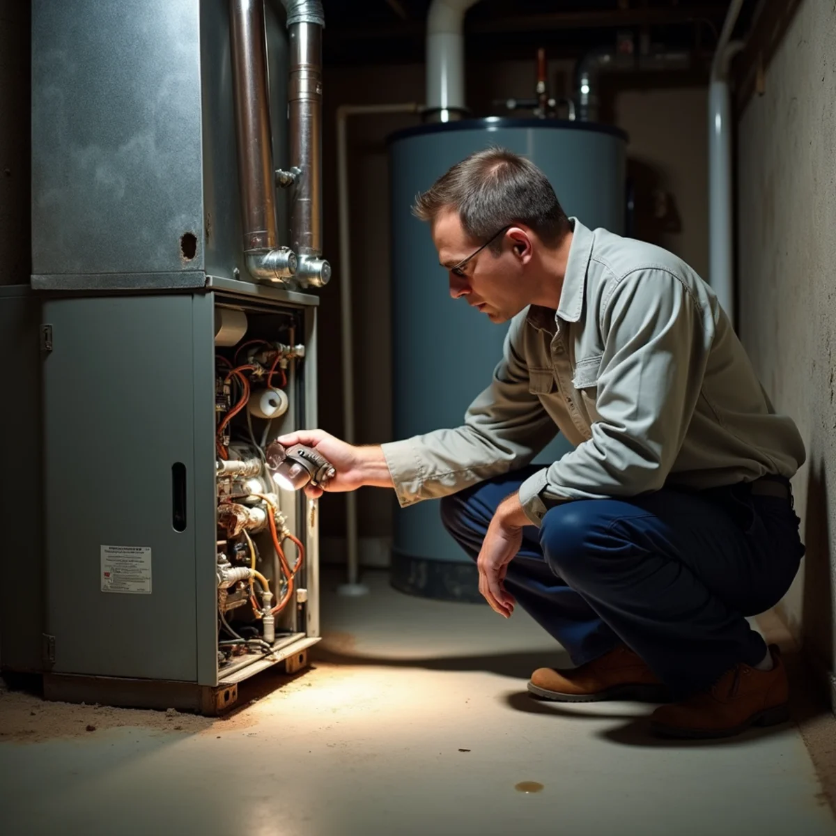 Technician kneeling at an open furnace in a basement