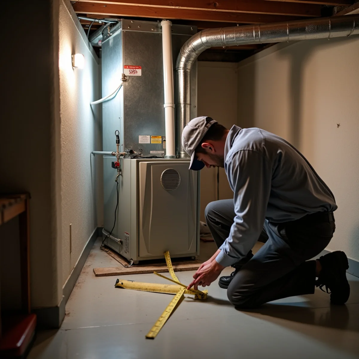 Technician installing a new gas furnace with ductwork connections in a basement mechanical room